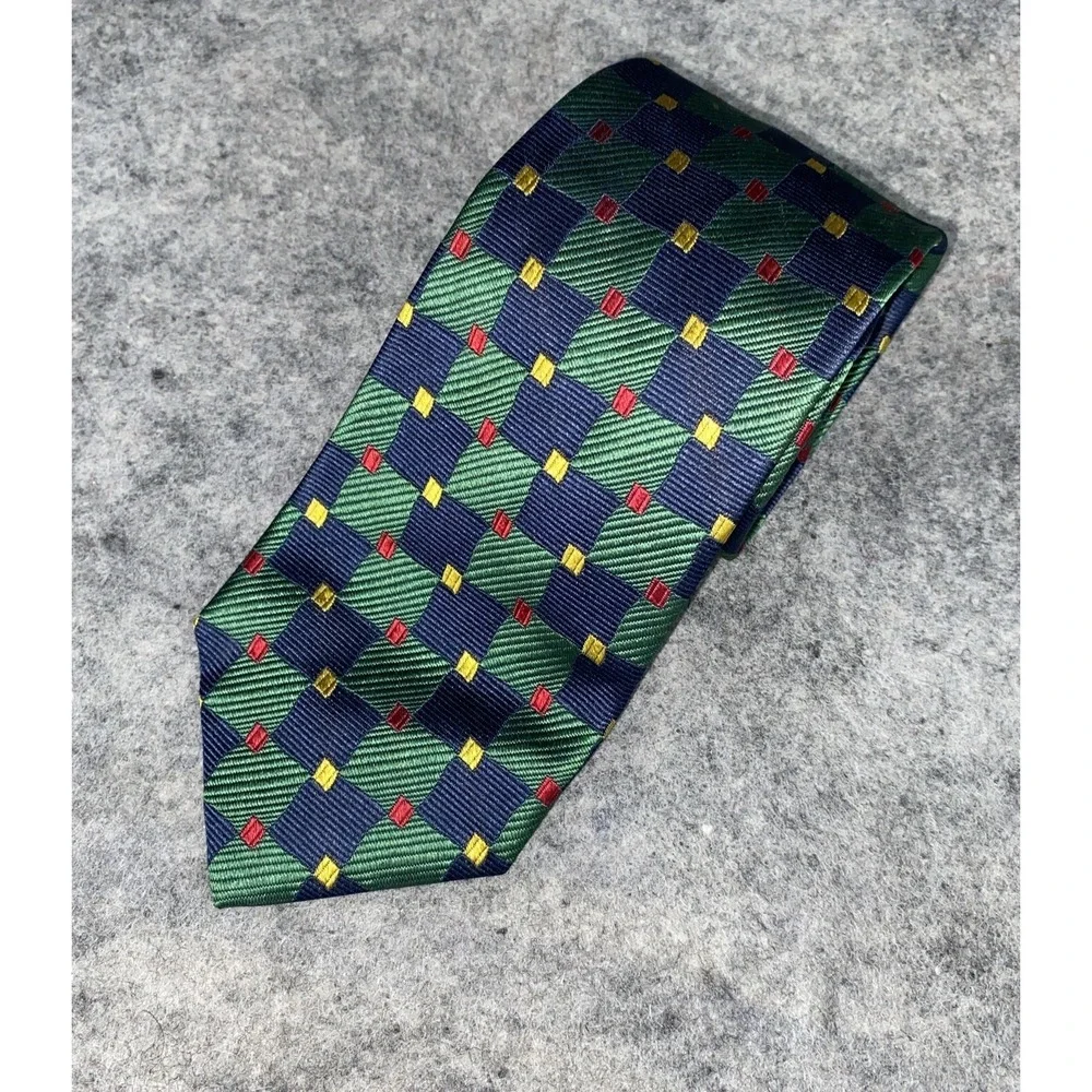 VTG Lands End Silk Necktie Navy Green Yellow Red‎ Hand Sewn Holiday USA
